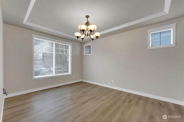 unfurnished room with wood-type flooring, a tray ceiling, and a wealth of natural light