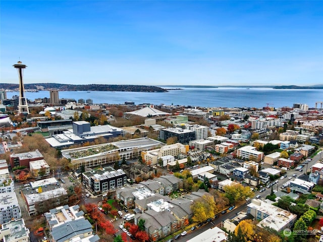 drone / aerial view with a water view