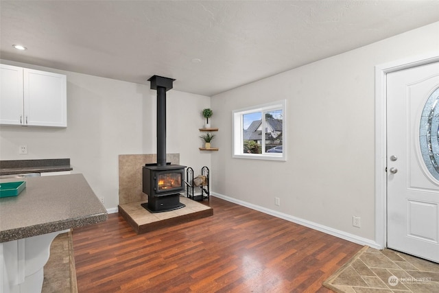 foyer featuring dark hardwood / wood-style flooring and a wood stove