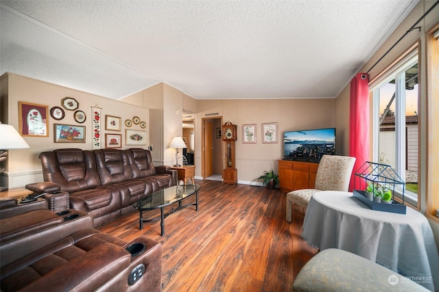 living room with a textured ceiling, lofted ceiling, and dark hardwood / wood-style floors