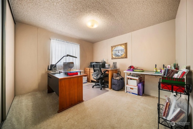 home office with light carpet and a textured ceiling