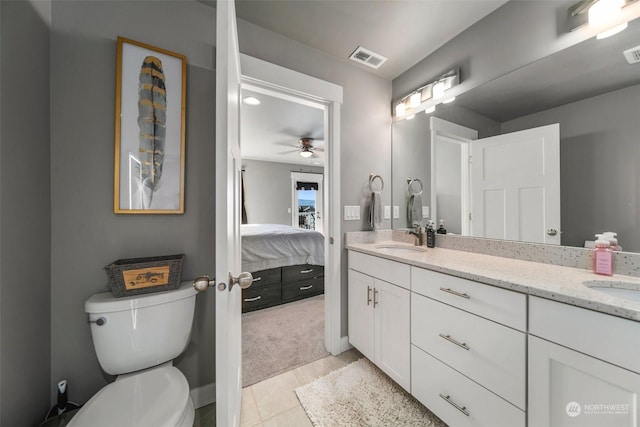 bathroom with tile patterned floors, vanity, ceiling fan, and toilet