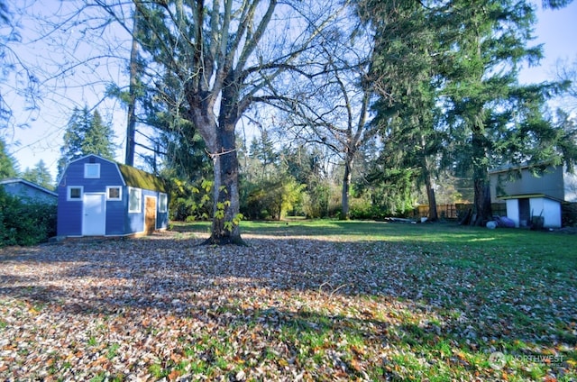 view of yard with an outdoor structure and a shed