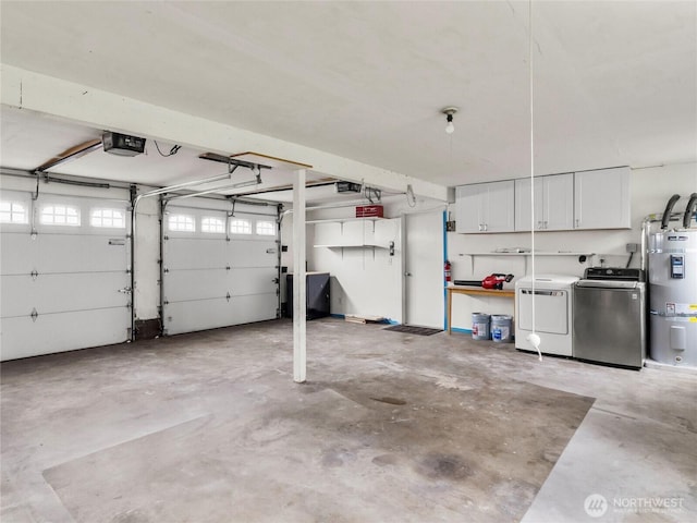 garage featuring independent washer and dryer, strapped water heater, and a garage door opener