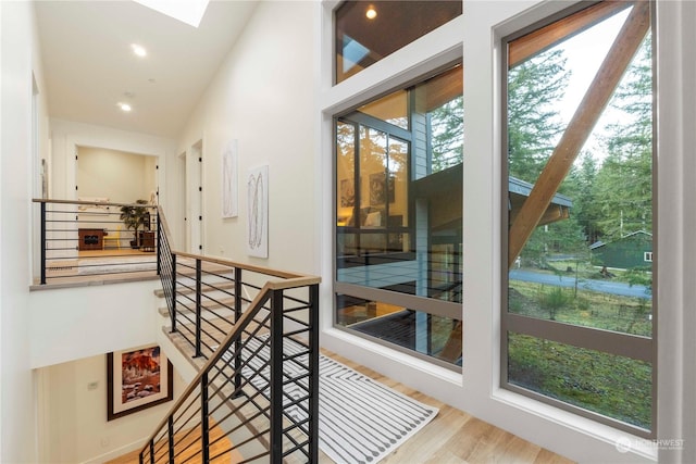 corridor with hardwood / wood-style flooring and lofted ceiling