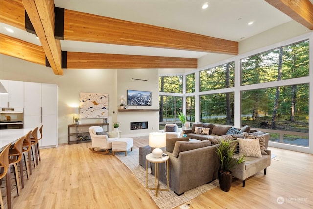 living room with beamed ceiling, floor to ceiling windows, light wood-type flooring, and a wealth of natural light