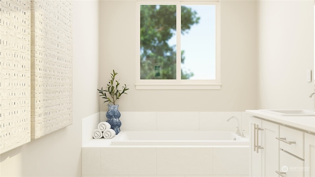 bathroom featuring vanity and a relaxing tiled tub