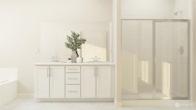 bathroom featuring tile patterned flooring, vanity, and shower with separate bathtub