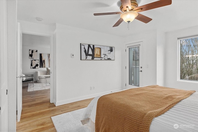 bedroom featuring ceiling fan and light hardwood / wood-style flooring