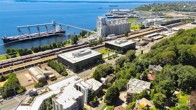 drone / aerial view with a water view