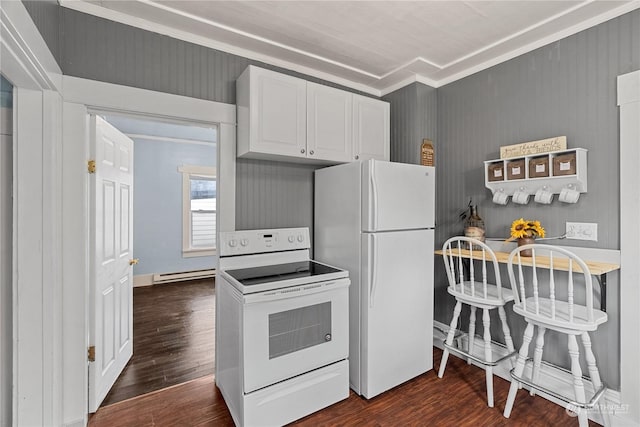 kitchen featuring ornamental molding, white appliances, baseboard heating, dark wood-type flooring, and white cabinets