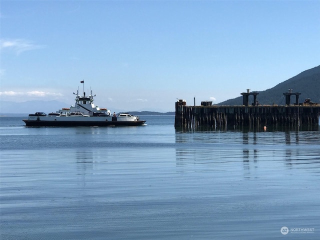 water view with a mountain view and a boat dock