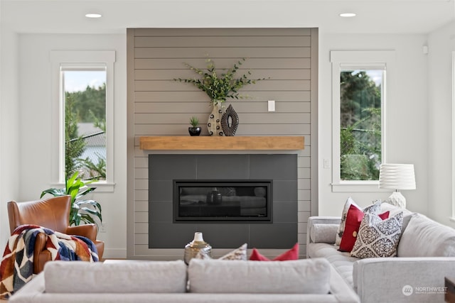 living room featuring a fireplace