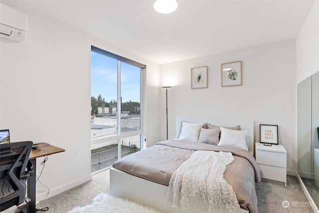 carpeted bedroom featuring an AC wall unit