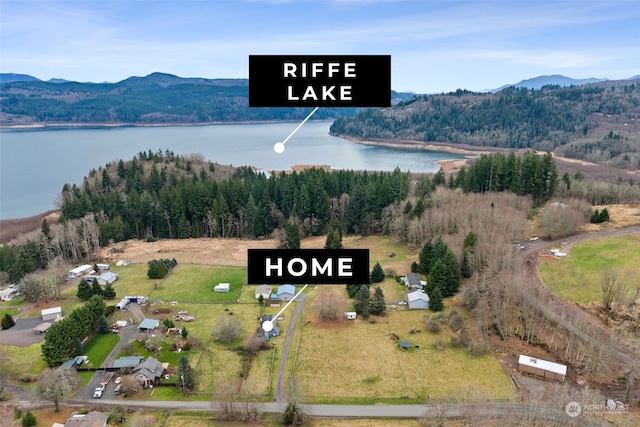 birds eye view of property featuring a water and mountain view