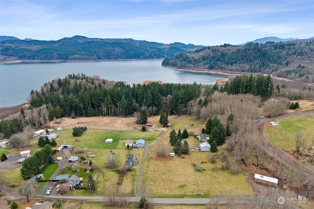 bird's eye view with a water and mountain view