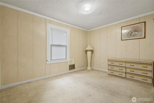 carpeted empty room featuring crown molding and a textured ceiling