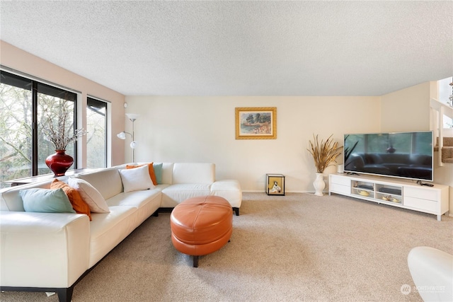 carpeted living room featuring a textured ceiling