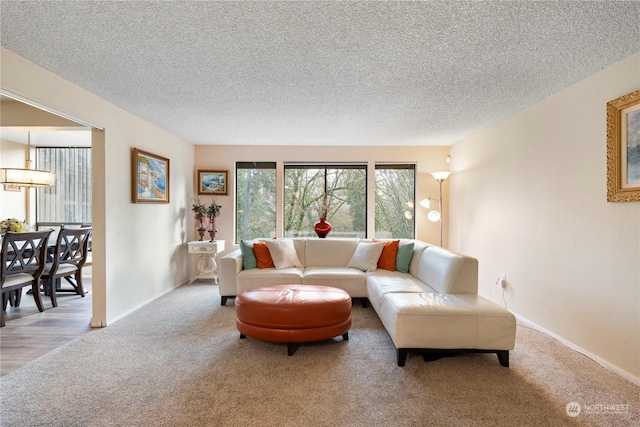 living room with light hardwood / wood-style floors and a textured ceiling