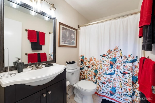 bathroom featuring a shower with curtain, tile patterned flooring, vanity, and toilet