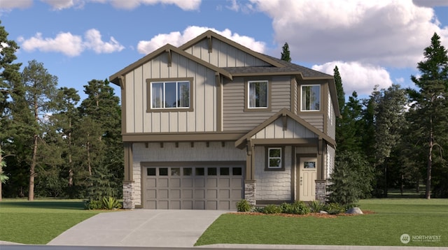 craftsman house with a garage and a front lawn