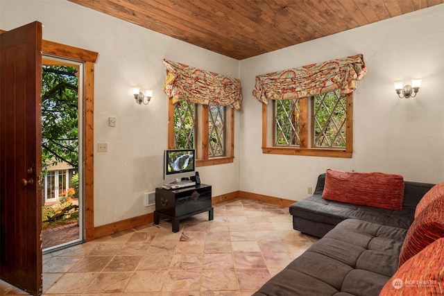 living room featuring wood ceiling