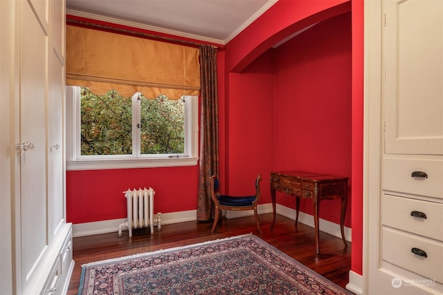 sitting room featuring dark hardwood / wood-style flooring, radiator heating unit, and ornamental molding