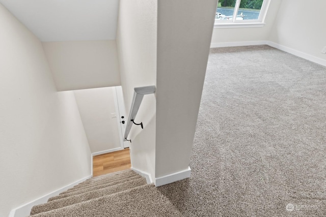 staircase featuring carpet flooring and lofted ceiling