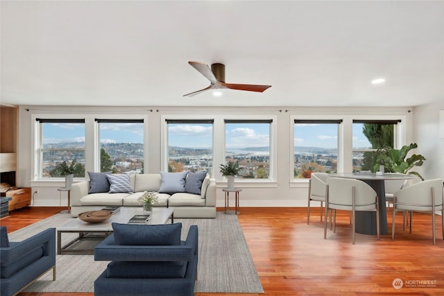 living room with ceiling fan and light hardwood / wood-style flooring