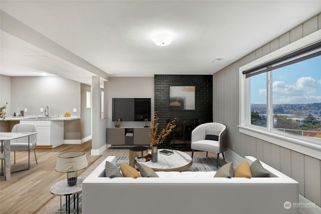 living room featuring sink, a fireplace, and light hardwood / wood-style flooring