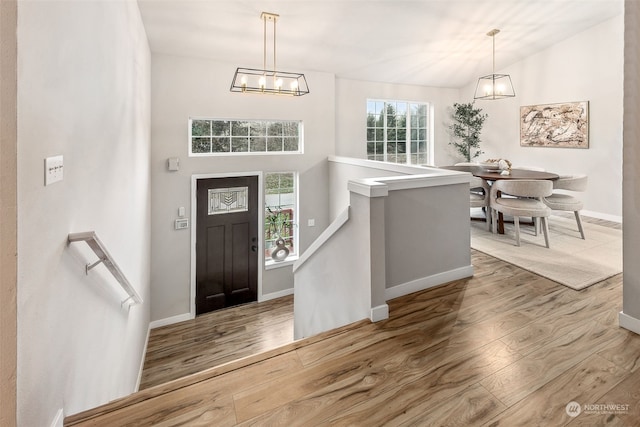 foyer with wood-type flooring and vaulted ceiling