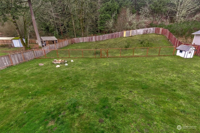 view of yard featuring a storage unit