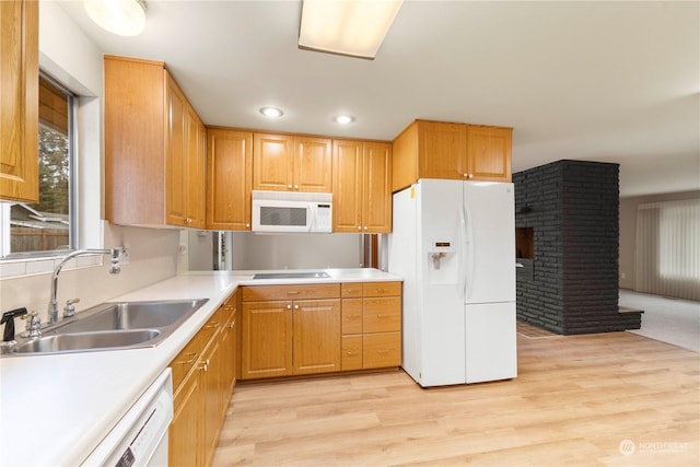 kitchen with sink, white appliances, and light wood-type flooring