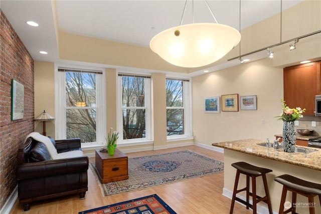 living area featuring a healthy amount of sunlight, light hardwood / wood-style flooring, rail lighting, and brick wall