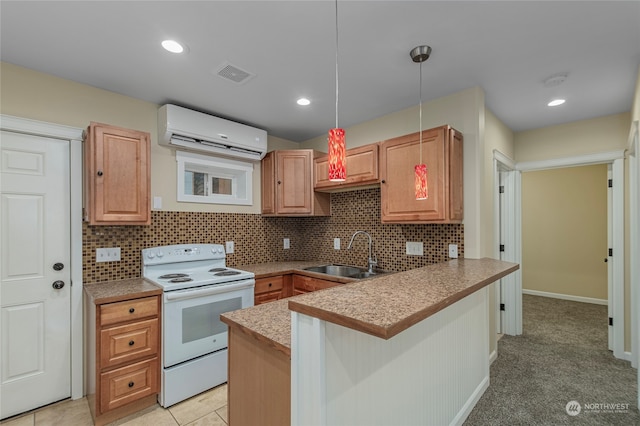 kitchen with sink, hanging light fixtures, a wall mounted air conditioner, white electric stove, and backsplash