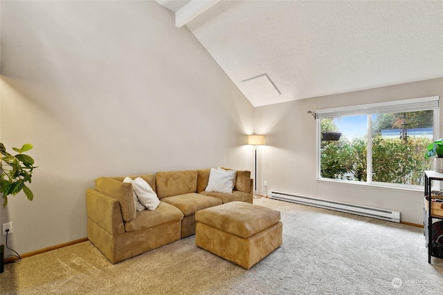 carpeted living room with a textured ceiling, high vaulted ceiling, and a baseboard radiator