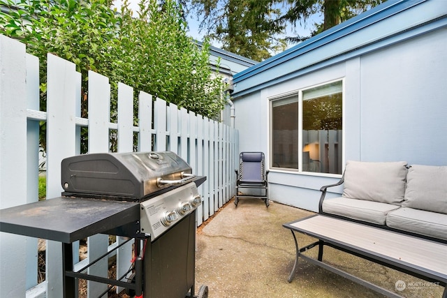 view of patio / terrace featuring a grill and an outdoor hangout area