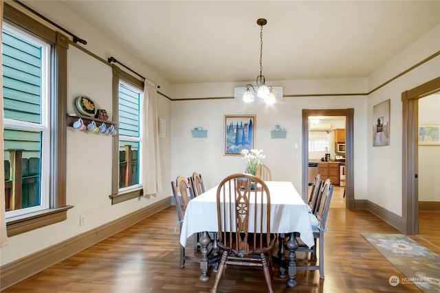 dining room featuring hardwood / wood-style floors, a notable chandelier, and plenty of natural light