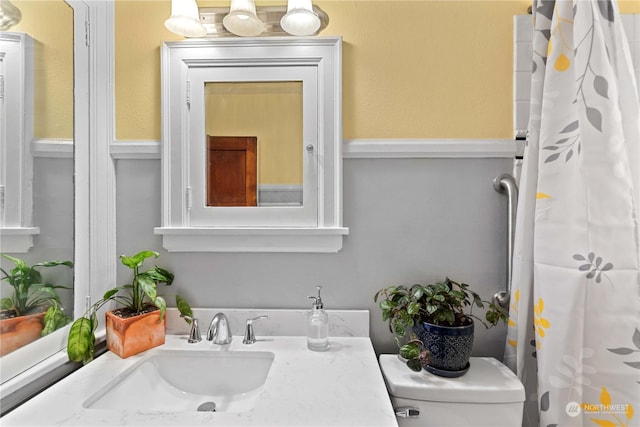 bathroom with a shower with curtain, toilet, and vanity