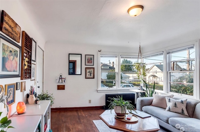 living room featuring radiator heating unit and dark wood-type flooring