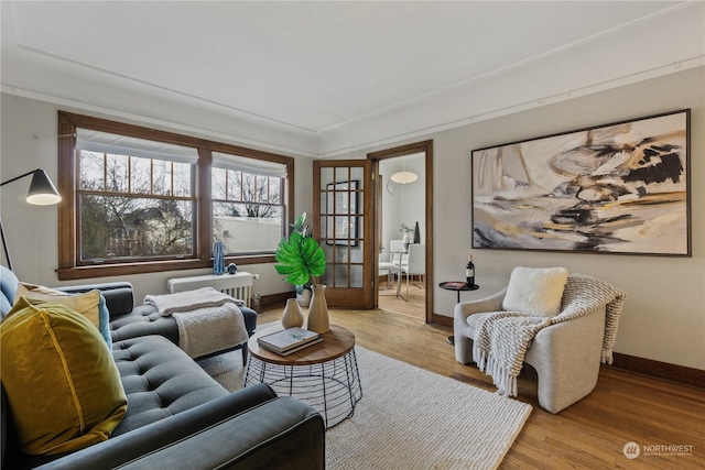 living room with light wood-type flooring and french doors