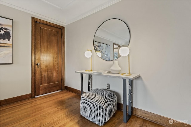 entryway featuring light wood-type flooring and crown molding