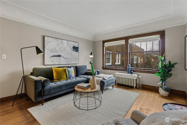 living room featuring wood-type flooring, radiator heating unit, and ornamental molding