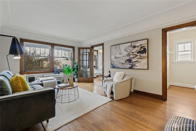 living room with light hardwood / wood-style flooring and french doors