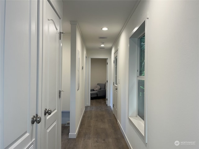 hall featuring dark wood-type flooring and ornamental molding