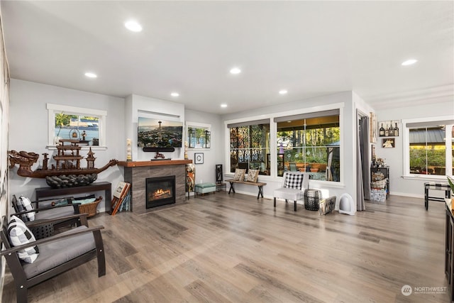 living room with a tiled fireplace, plenty of natural light, and hardwood / wood-style flooring