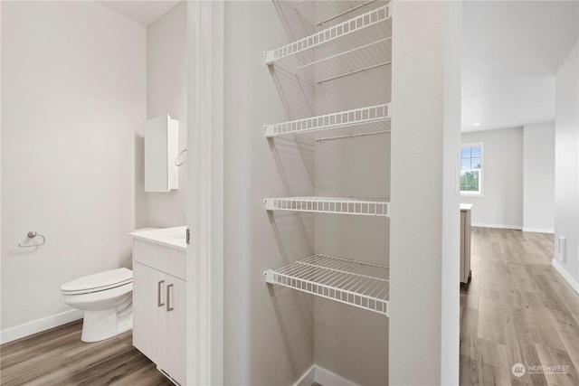 bathroom featuring vanity, hardwood / wood-style flooring, and toilet