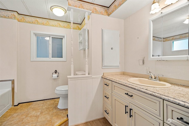 bathroom with a bathtub, vanity, and toilet