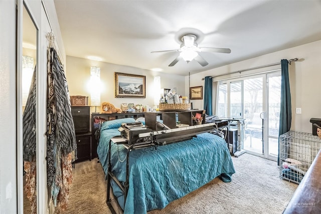bedroom with light carpet, access to exterior, and ceiling fan