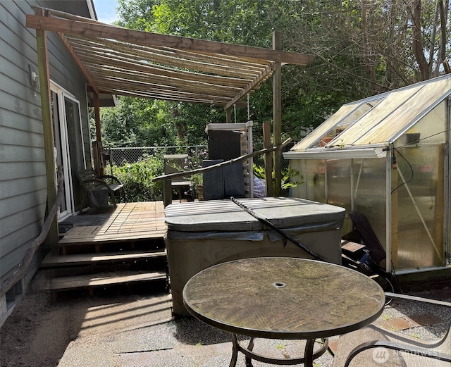 801 Mount Olympus Ave SE, Ocean Shores, WA 98569 - wooden deck with a greenhouse, a pergola, and an outbuilding